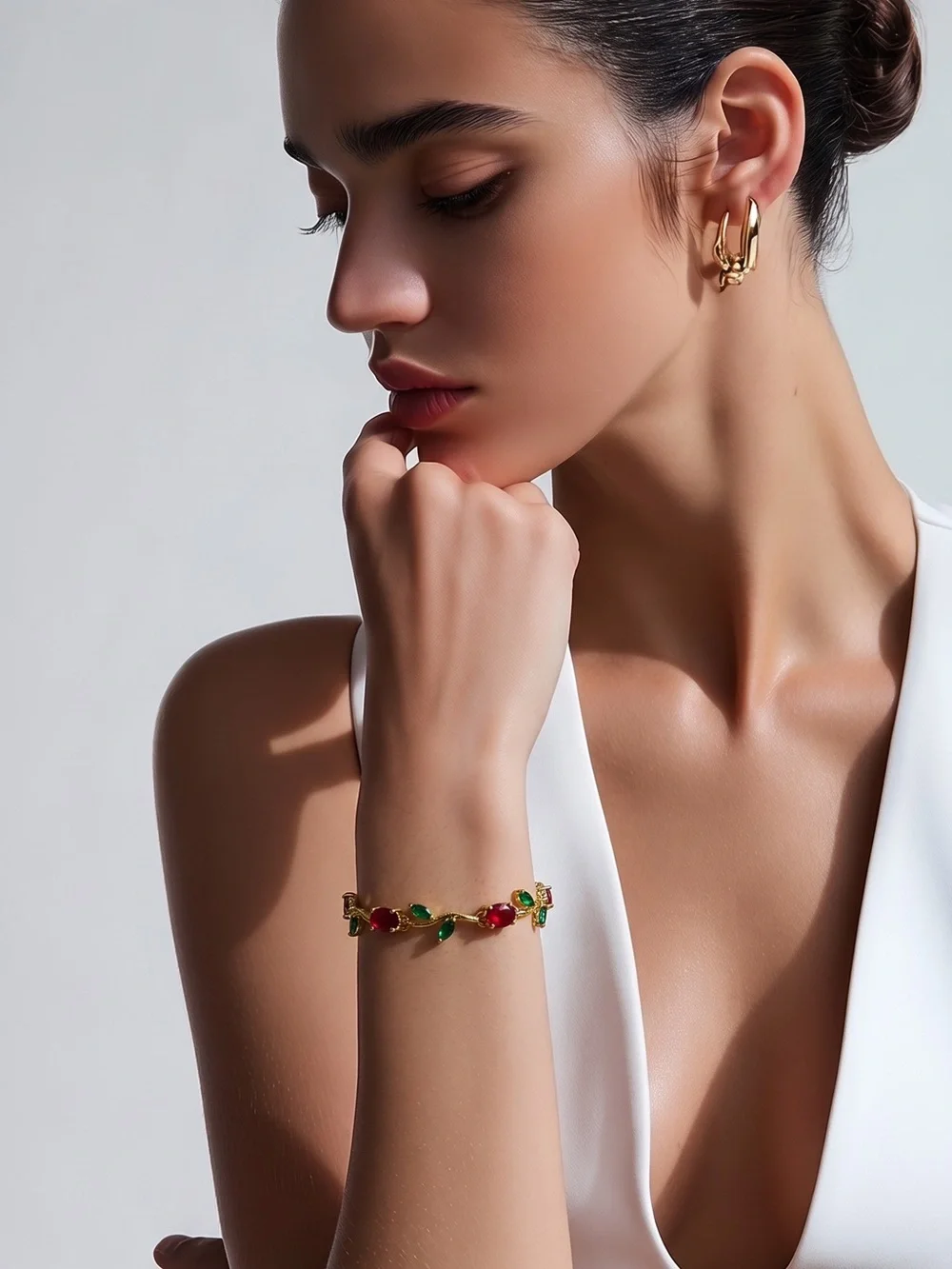 14k Gold Stainless Steel Red and Green Crystal Vine Bracelet